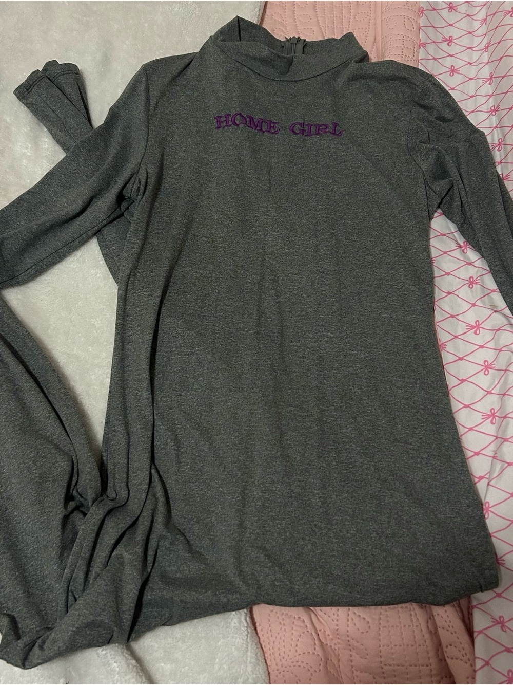 Fashion Nova Charcoal Gray Jumpsuit with Purple 'Home Girl' Embroidery